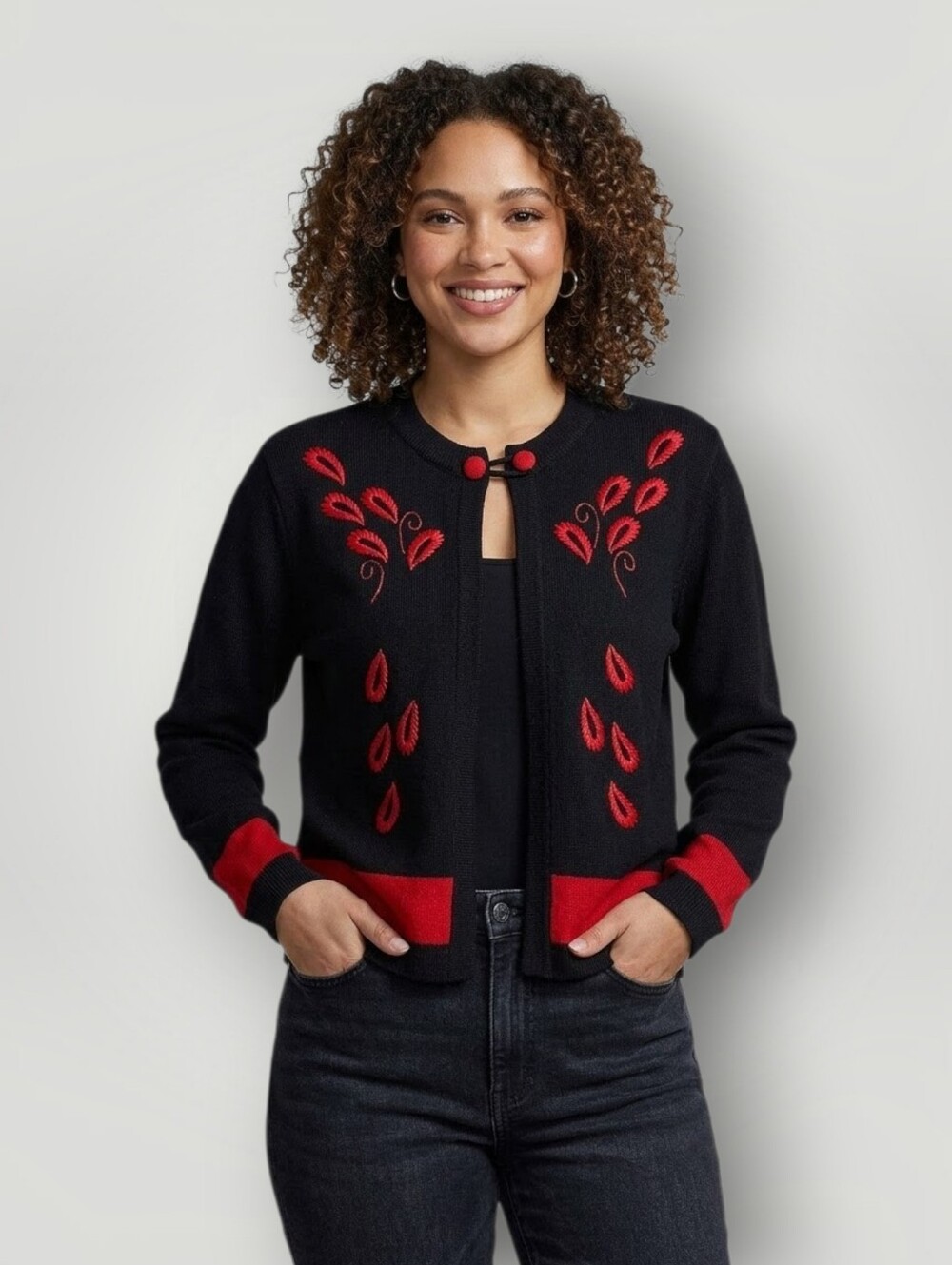 100% Alpaca Cardigan Large Black Red Embroidered Leaf Tassel Cord Bolivia Knit